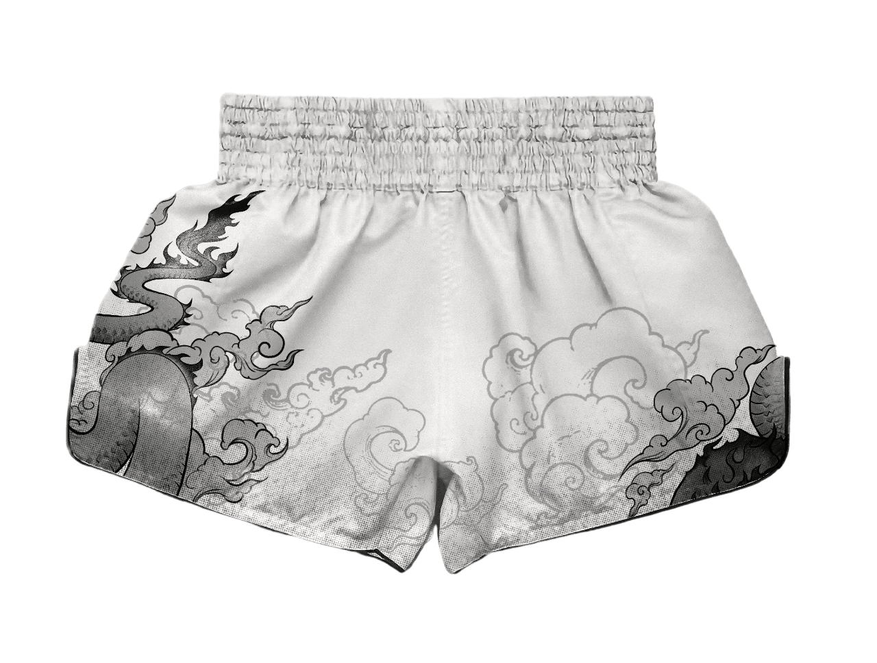 Back view of ARAYKO white Muay Thai shorts showing the wrap-around grey dragon and cloud design. The wide elastic waistband and high-quality fabric texture are highlighted for professional kickboxing use.