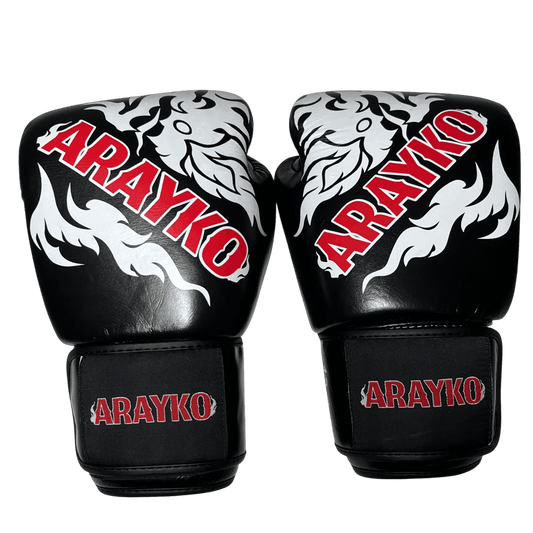 Black pair of leather boxing gloves with a white Thai Naga dragon artwork and ARAYKO branding in vivid red
