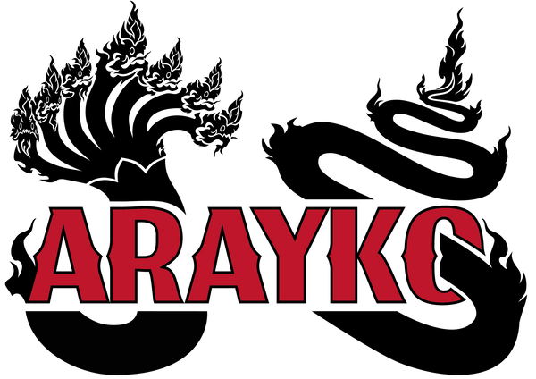 Official website logo with a 7-headed black dragon and red text 'ARAYKO' on a white background