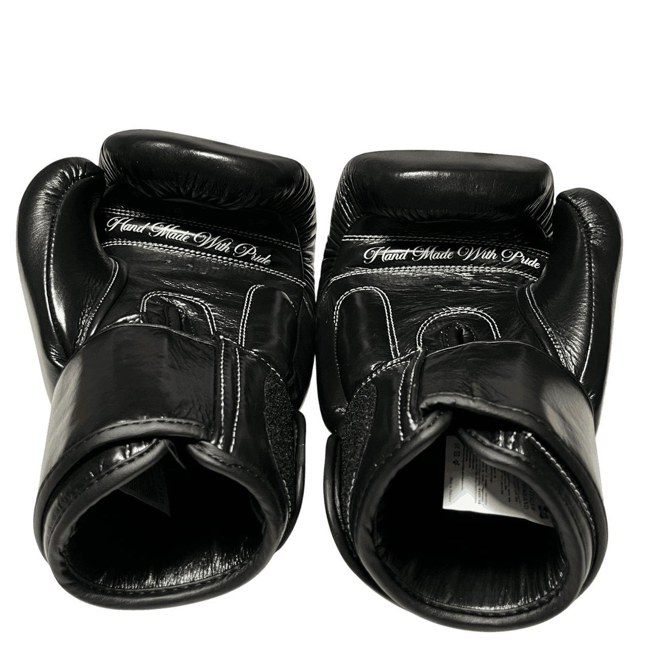 Black boxing gloves in genuine cowhide leather featuring the ‘Hand Made With Pride’ message