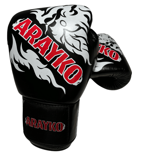 Professional boxing gloves with superior ARAYKO branding and detailed Thai dragon design