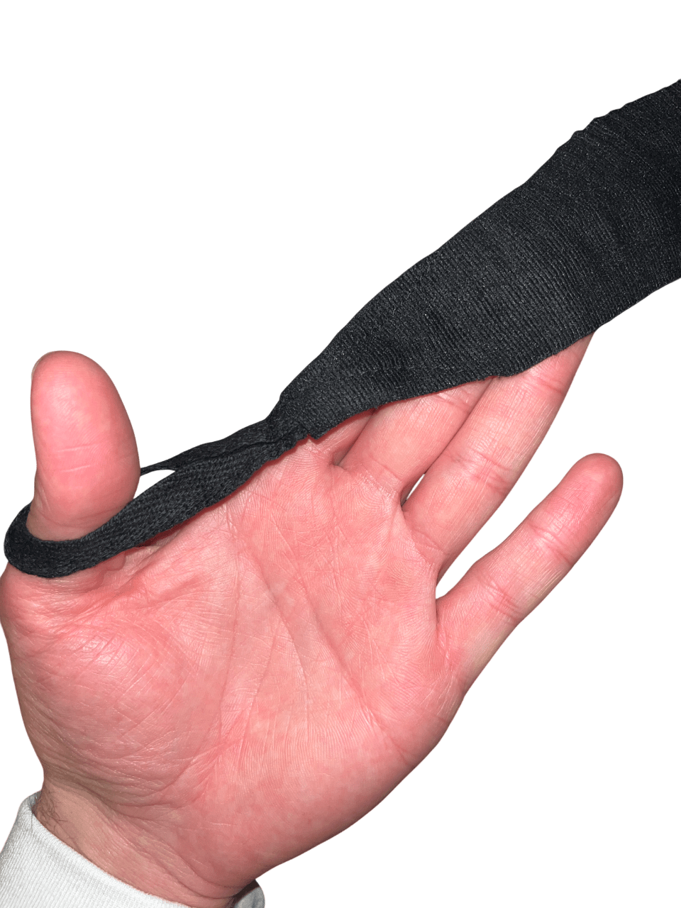 Black ARAYKO hand wrap being applied, showing the reinforced thumb loop for a secure fit. Essential wrist support and hand protection gear for boxing and MMA athletes.