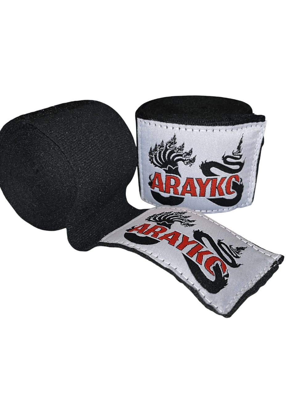 ARAYKO professional Muay Thai hand wraps featuring custom-embroidered black and red 7-headed Naga dragon graphics. These premium 4.5-meter wraps provide elite wrist support.