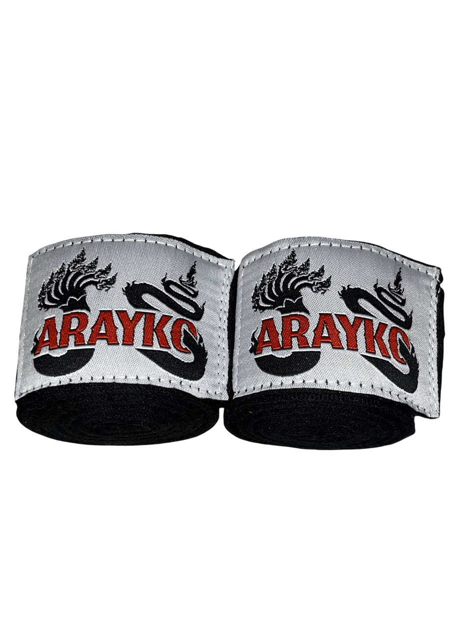 Pair of ARAYKO MMA hand wraps featuring the 7-headed Naga protector embroidery.