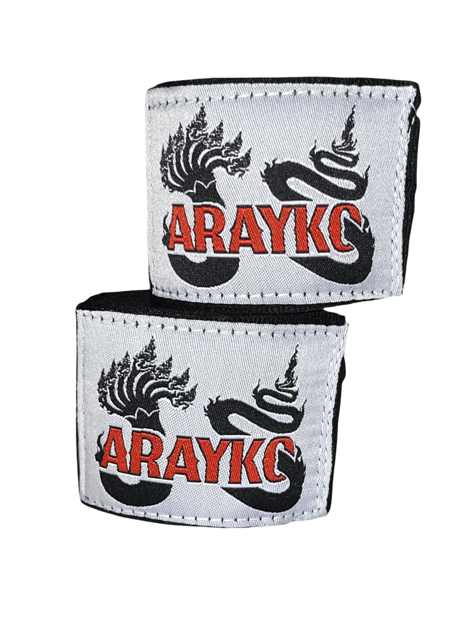ARAYKO Muay Thai hand wraps featuring a custom-embroidered 7-headed Naga dragon and brand logo.