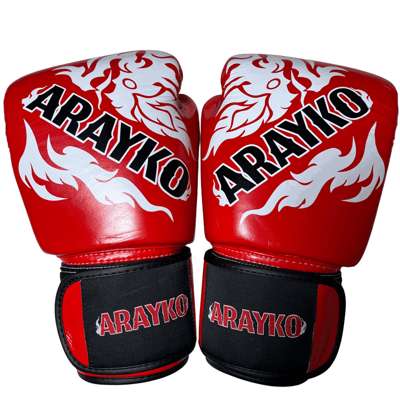 Bold red Muay Thai gloves featuring a white dragon graphic and ARAYKO logo, crafted in leather for intense training