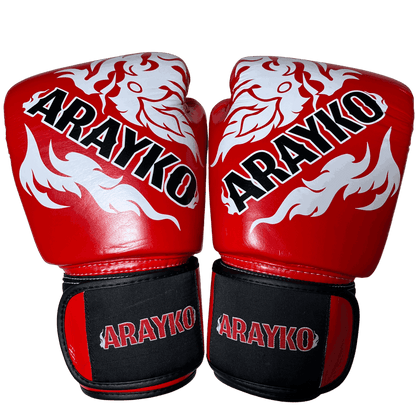Bold red Muay Thai gloves featuring a white dragon graphic and ARAYKO logo, crafted in leather for intense training