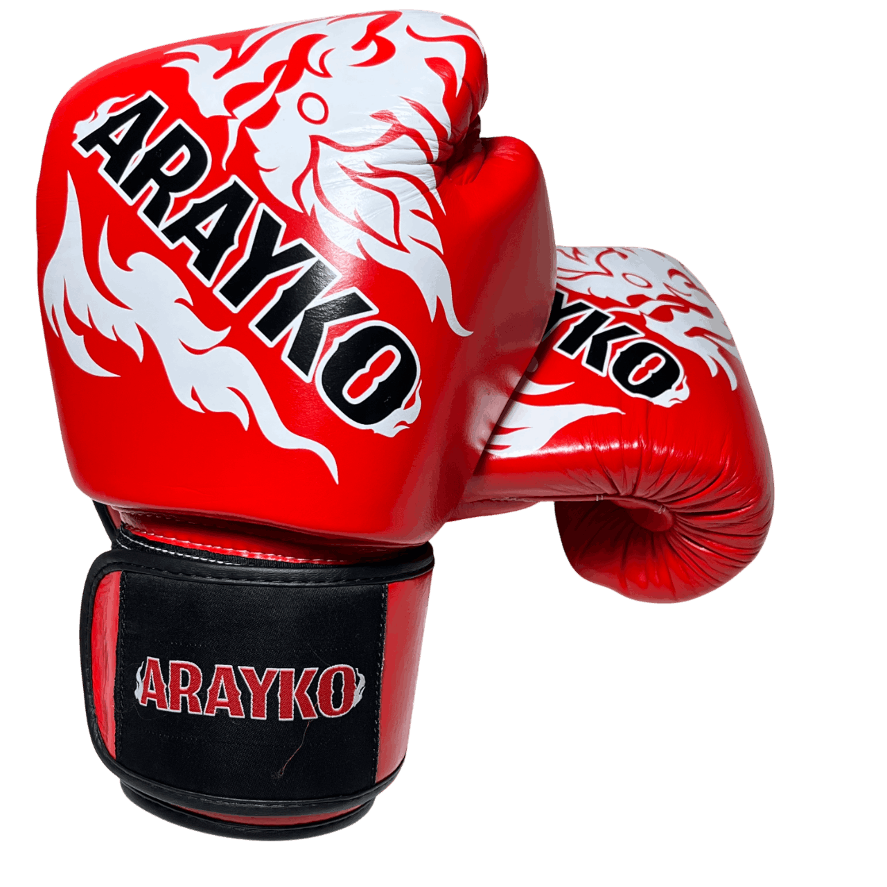 Red leather Muay Thai gloves with white dragon artwork and bold ARAYKO branding, designed for professional training