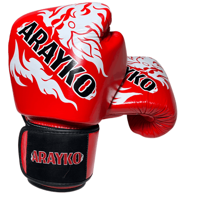 Red leather Muay Thai gloves with white dragon artwork and bold ARAYKO branding, designed for professional training