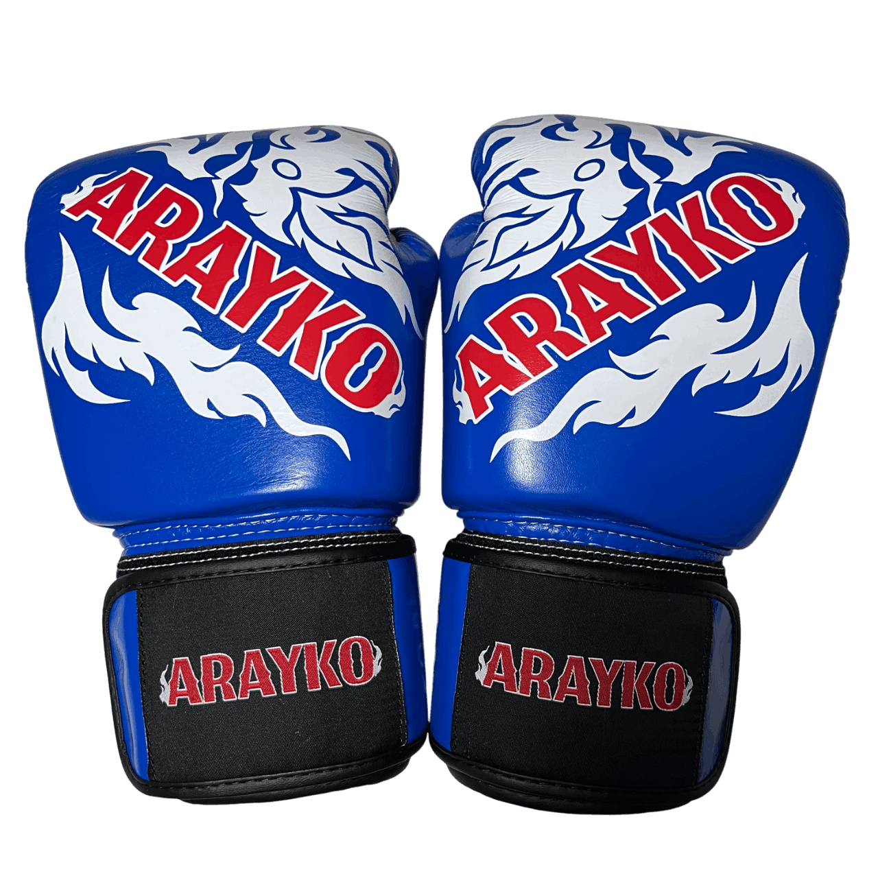 Royal blue Muay Thai gloves in leather with white dragon and flames, red 'ARAYKO' logo, pro training gear