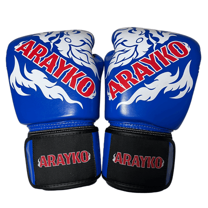 Royal blue Muay Thai gloves in leather with white dragon and flames, red 'ARAYKO' logo, pro training gear