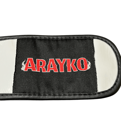 ARAYKO pro gloves with embroidered logo on hook-and-loop wrist strap. Durable leather martial arts gear.