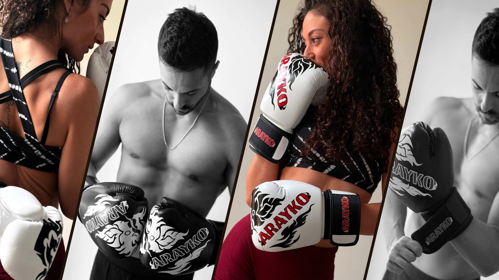Collage of athletes wearing white and black boxing gloves with ARAYKO branding
