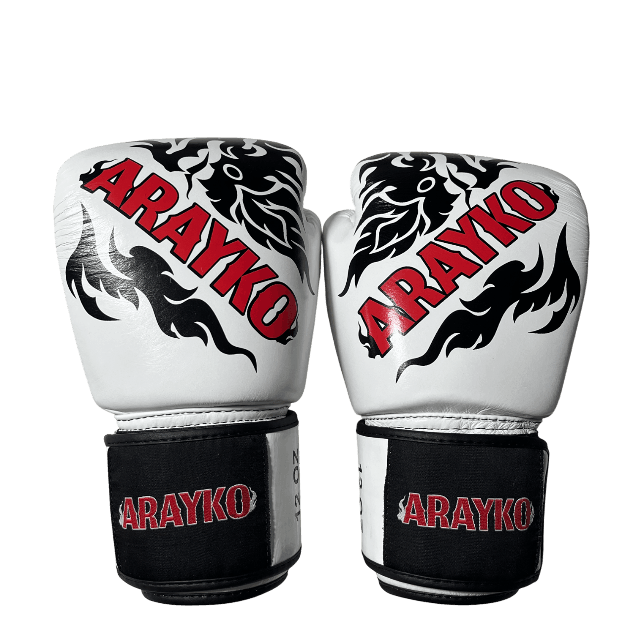 Pair of white martial arts gloves with black dragon artwork and red 'ARAYKO' branding, built for intense training