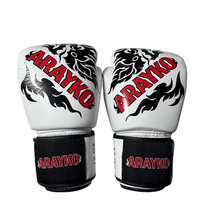 Pair of white martial arts gloves with black dragon artwork and red 'ARAYKO' branding, built for intense training