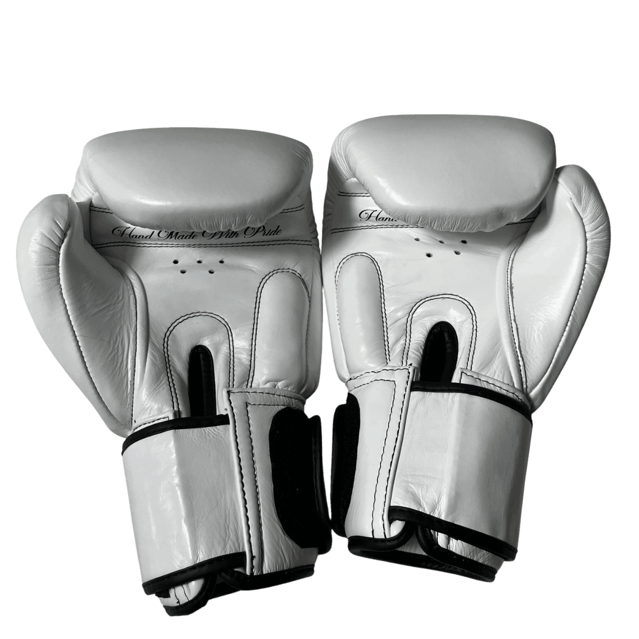 White professional Muay Thai gloves, handcrafted in Thailand with premium stitching and superior padding