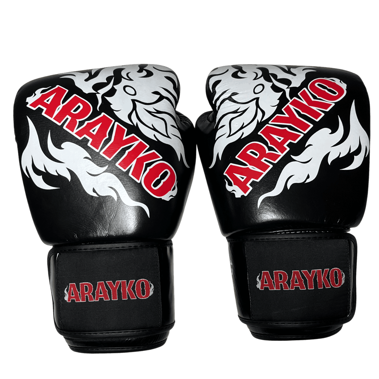 Black pair of leather boxing gloves with a white Thai Naga dragon artwork and ARAYKO branding in vivid red