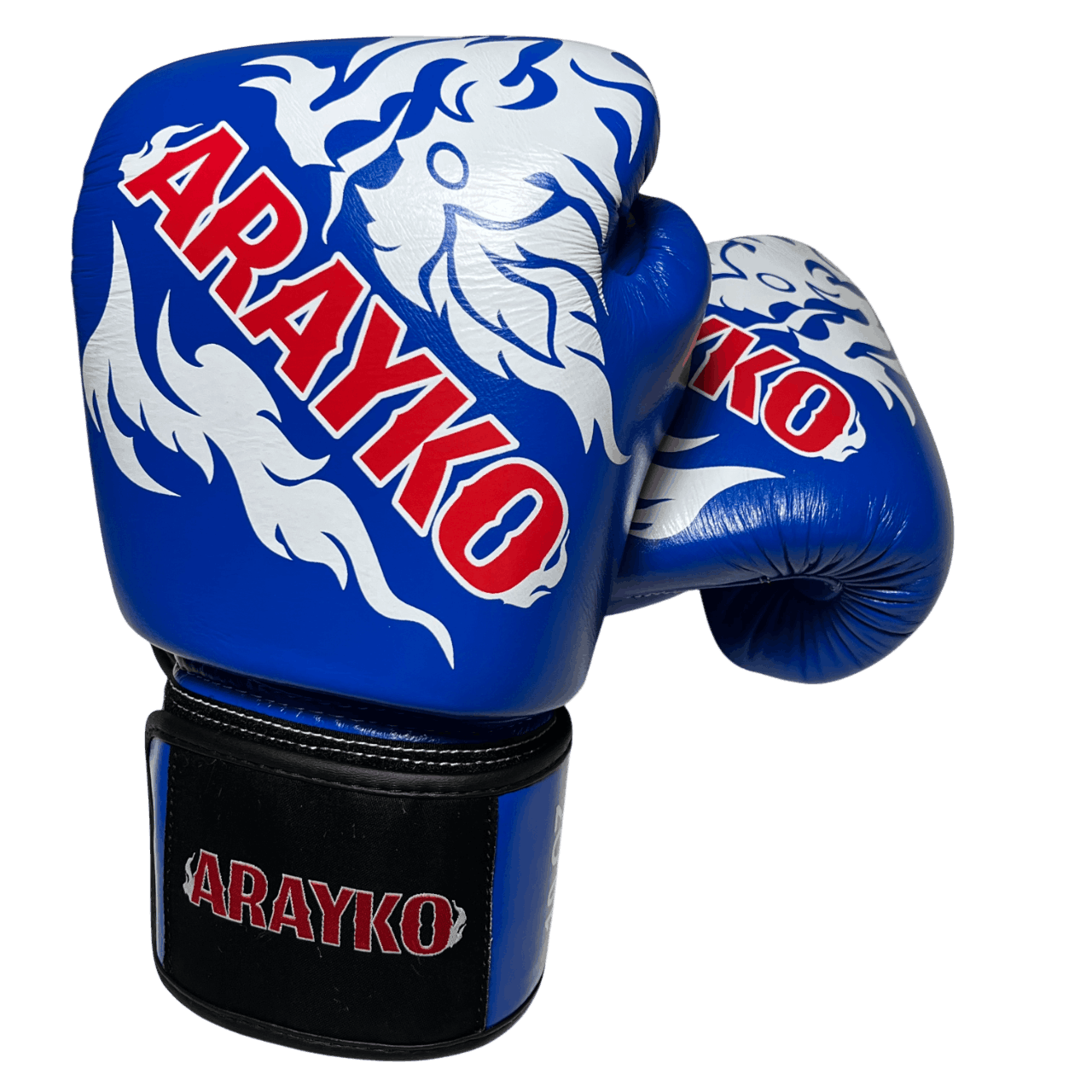 Durable ARAYKO leather gloves in Royal Blue color, featuring a white Naga dragon artwork and red logo