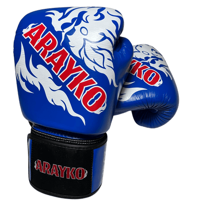Durable ARAYKO leather gloves in Royal Blue color, featuring a white Naga dragon artwork and red logo